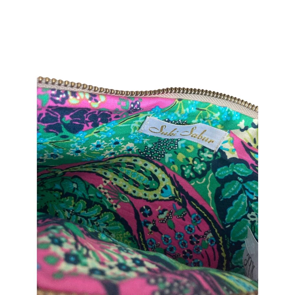 Suki Sabur Pink Glitter Pineapple Clutch Cosmetic Bag Pouch Paisley Lining - Picture 5 of 5